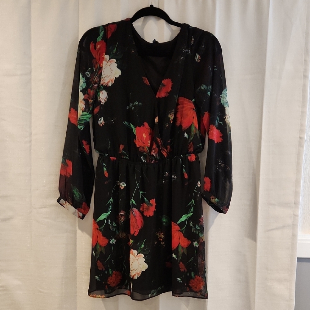 Express Black Dress with Red and Green Floral Design
